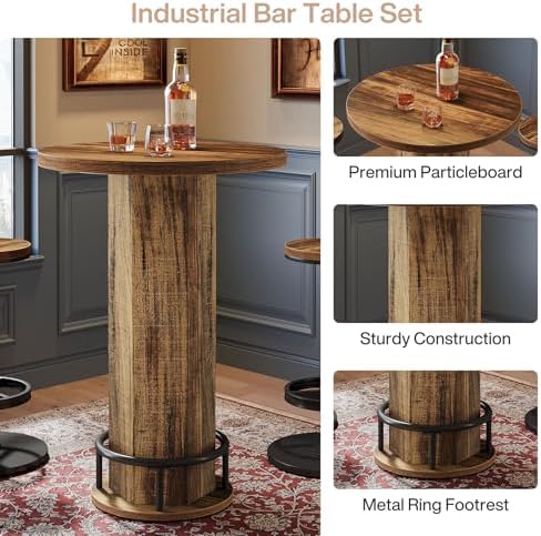 Tribesigns Round Bar Table with Chairs, Industrial Bistro Sets with 2 barstoo...