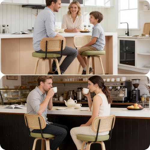 Rattan Bar Stools Set of 2,Upholstered PU Leather, 26‘’ Counter Height Barsto...