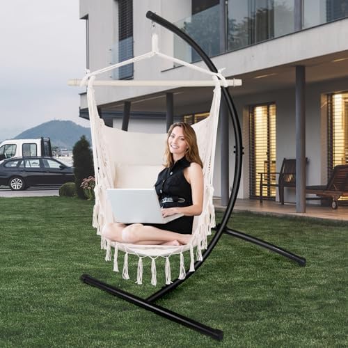Goutime Hammock Chair,Hanging Rope Ceiling Swing with 2 Cushions, Macrame Boh...