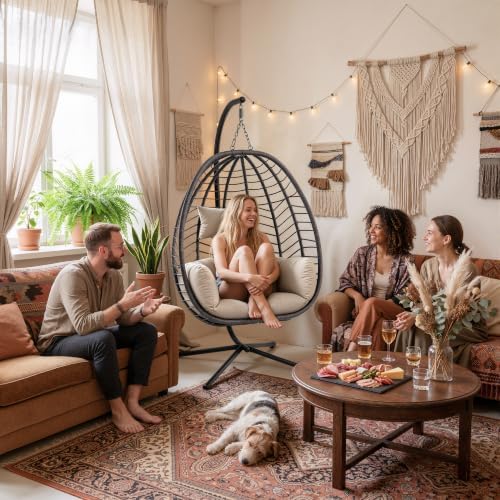 ALAULM Foldable Egg Chair with Stand, 485LBS Capacity Wicker Rattan Hammock S...