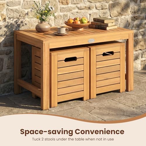 Tangkula Acacia Wood Outdoor Coffee Table with Stools Set of 2, 3 Pieces Pati...