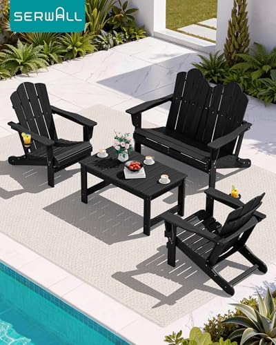 SERWALL Folding Adirondack Bench, HDPE Outdoor Bench, 660lbs Cap, Black