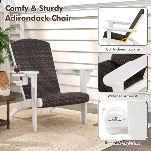 Tangkula Patio Wicker Adirondack Chair, HDPE Lounge Chair w/Rattan Padded Sea...