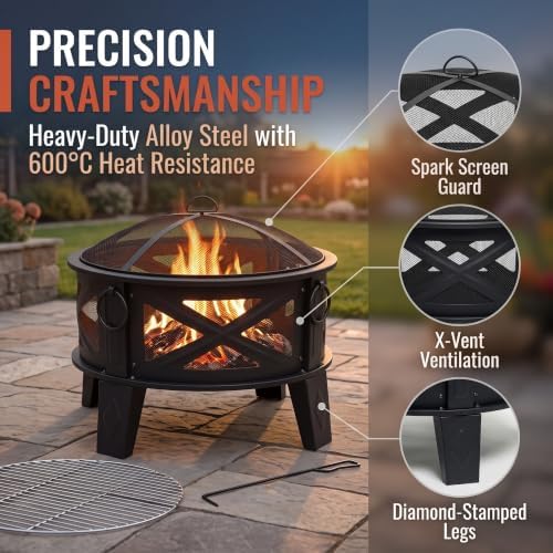 Fire Beauty 26" 2-in-1 Fire Pit with BBQ Grill, Spark Screen & Poker...