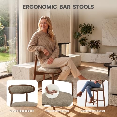 Wooden Bar Stools Set of 2, 24.8” Counter Height Stools with Rubberwood Legs ...