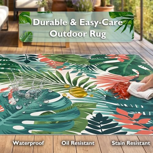 Arenarug 5x8 Monstera Tropical Outdoor Rug Waterproof, Teal