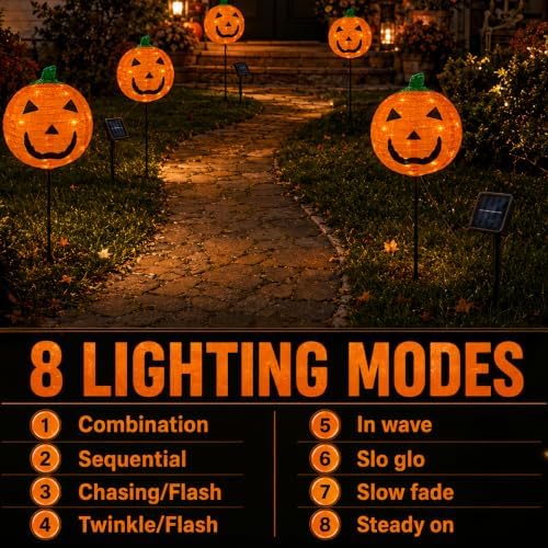 4Pack Solar Halloween Pumpkin Stake Light with 8 Lighting Modes, Fabric Lante...