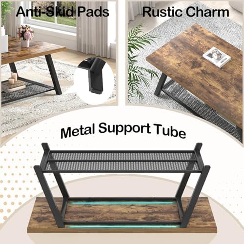 FOLUBAN Coffee Table with Storage for Living Room, Rustic Brown, 47 Inch