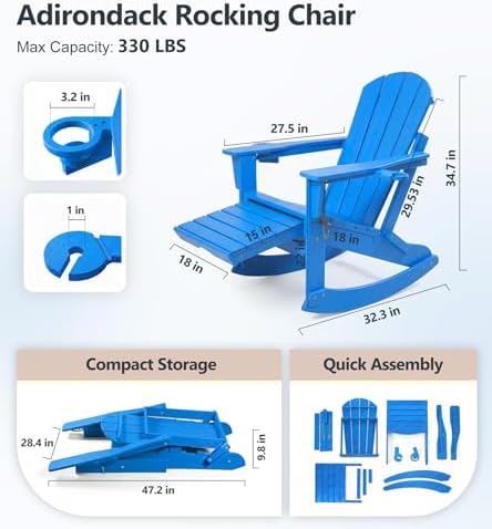 PASAMIC Adirondack Rocking Chairs Set of 2, Foldable All-Weather HDPE Patio R...