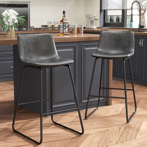 REONEY Bar Stools Set of 3, 26" Urban Faux Leather Counter Stools, Grey
