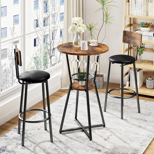 HOOBRO Round Bar Table, 2-Tier Counter Height Pub Table with Wine Glass Holde...
