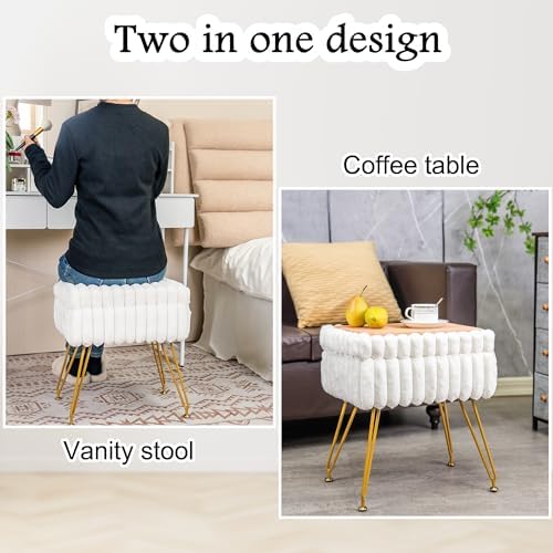 xuperbonus Faux Fur White Vanity Stool Chair with Storage Ottoman, Vanity Cha...