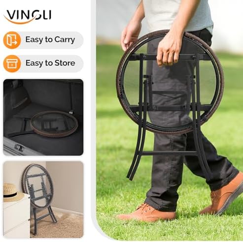 VINGLI 19in Modern Brown Rattan Folding Glass Outdoor Side Table, Small Patio...