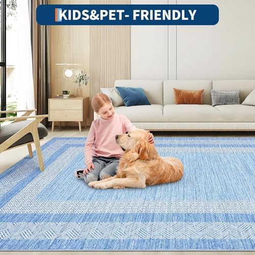 GarveeHome 9x12 Large Modern Light Blue Area Rug Distressed Bordered Soft Non...