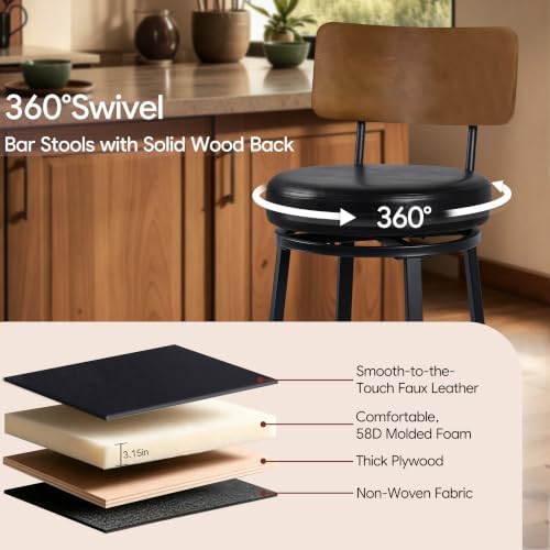 Counter Height Bar Stools Set of 2, 26" Swivel Barstools with Solid Wood...
