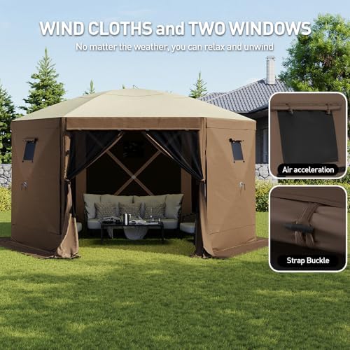 Aoxun 12x12ft Pop Up Canopy Tent, Camping Gazebo Screen Tent, Brown