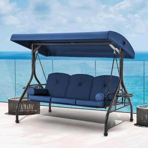 HOMREST 3 Seat Porch Swing with Adjustable Canopy, Patio Swing with Stand