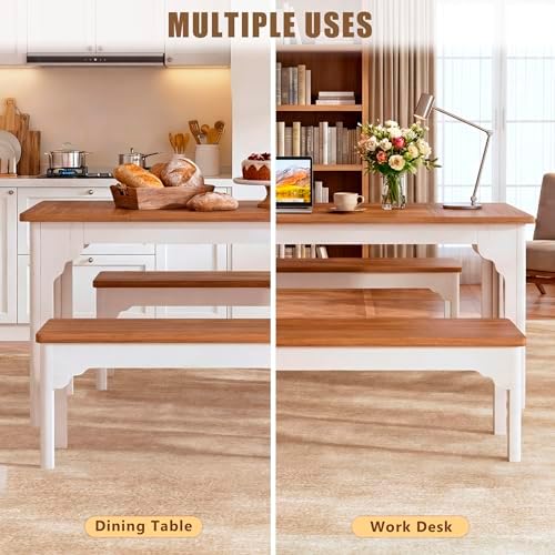 HUAHUU 63" Farmhouse Dining Table Set for 4-6, Kitchen Table with 2 Benc...