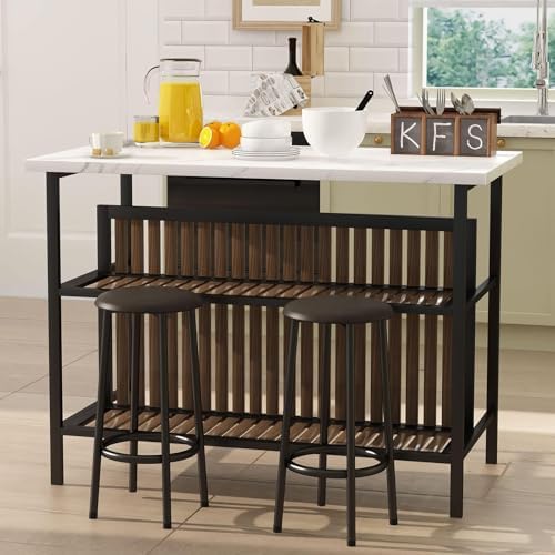 Kitchen Island with Seating & Storage, Bar Table and Chair Set, White