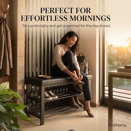 Finnhomy Entryway Shoe Rack with Cushioned Seat, Shoe Bench for Entry, 2 Shel...