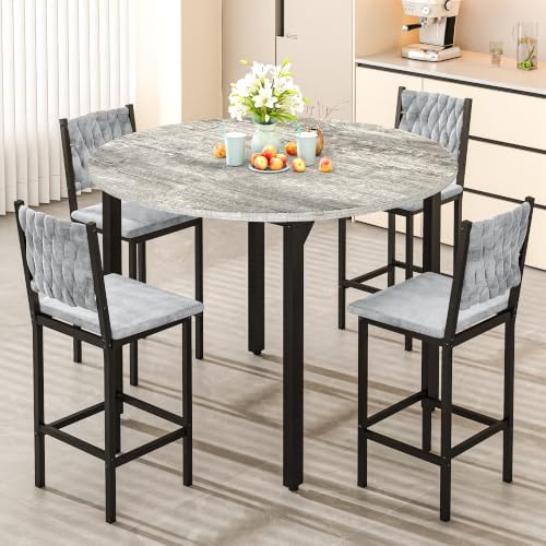 AWQM Round Dining Table Set for 4, Gray Hand-Woven Velvet Bar Stools(Gray)