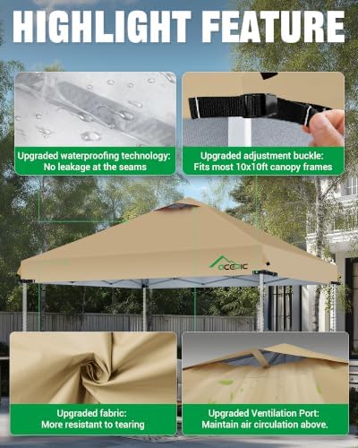 ACEPIC Upgraded 10x10 Canopy Replacement Top with Air Vent(Khaki, Top Only)