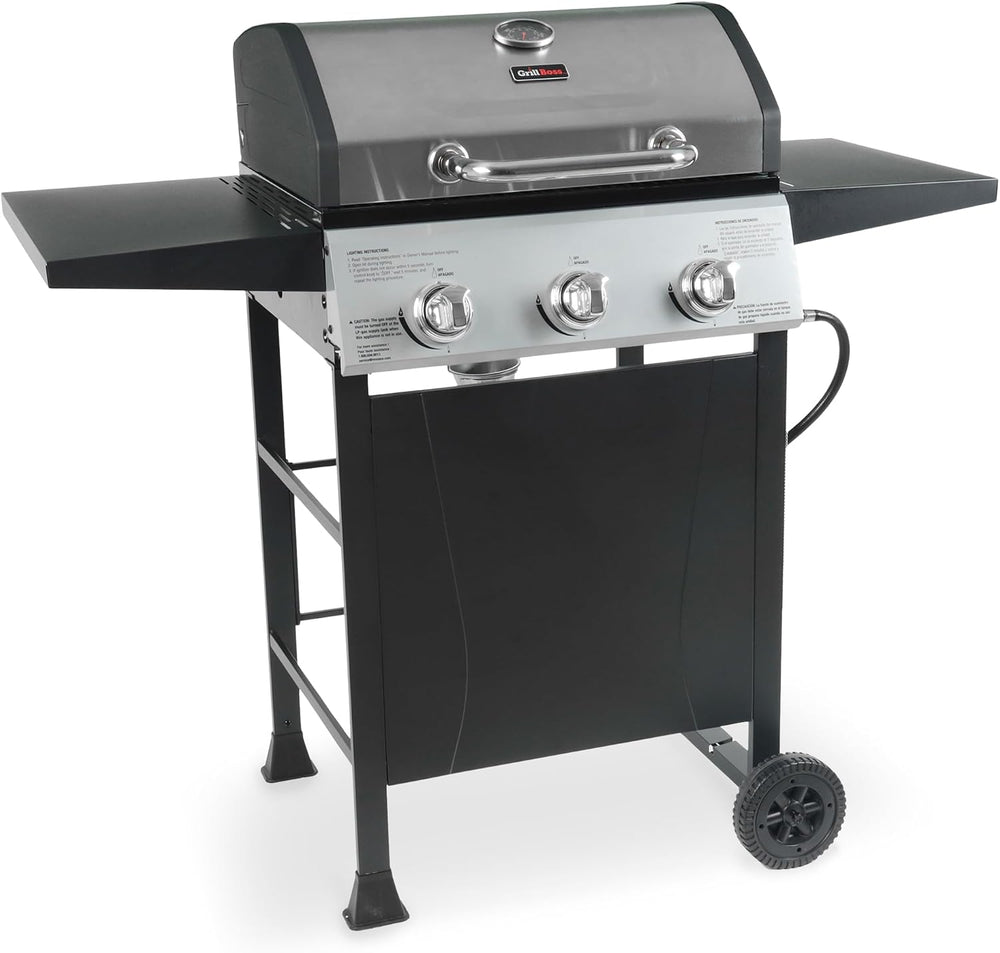 Grill Boss 3 Burner Propane Gas Grill, Portable BBQ, Lid, Wheels & Shelves
