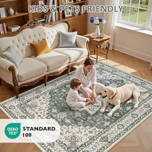 10x14 Area Rugs Living Room: Washable Rug for Bedroom Green Ivory