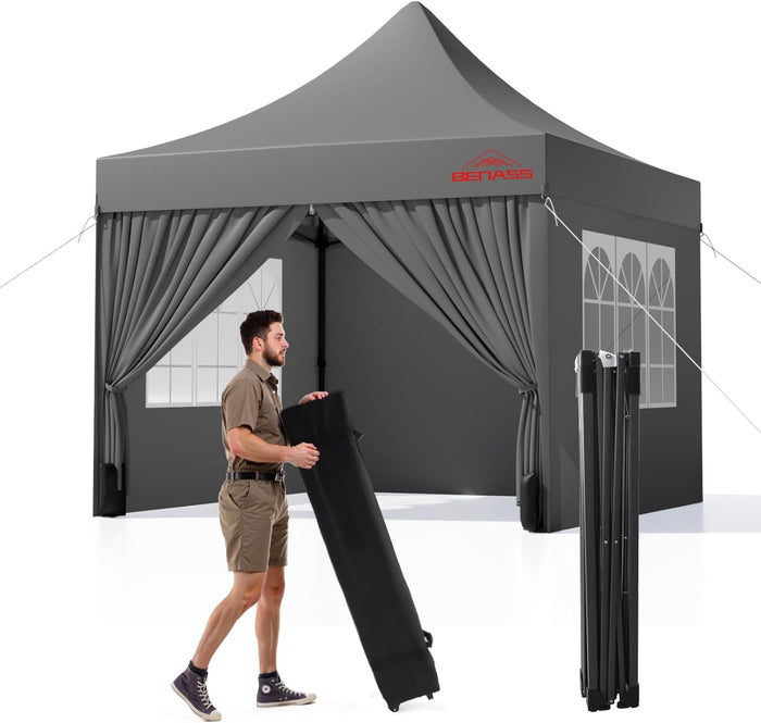 10x10 Heavy Duty Commercial Pop Up Canopy with Sidewalls, Grey