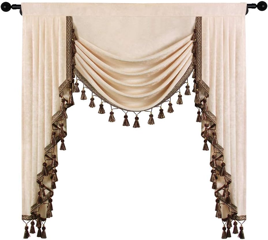 ELKCA Beige Chenille Window Curtains Valance for Living Room Waterfall Valanc...