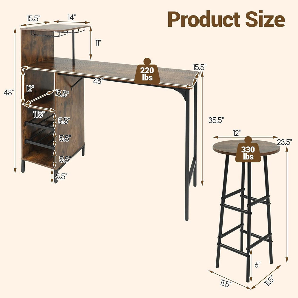 COSTWAY 3 Pieces Bar Table and Chair Set, Industrial Pub Table & Stools