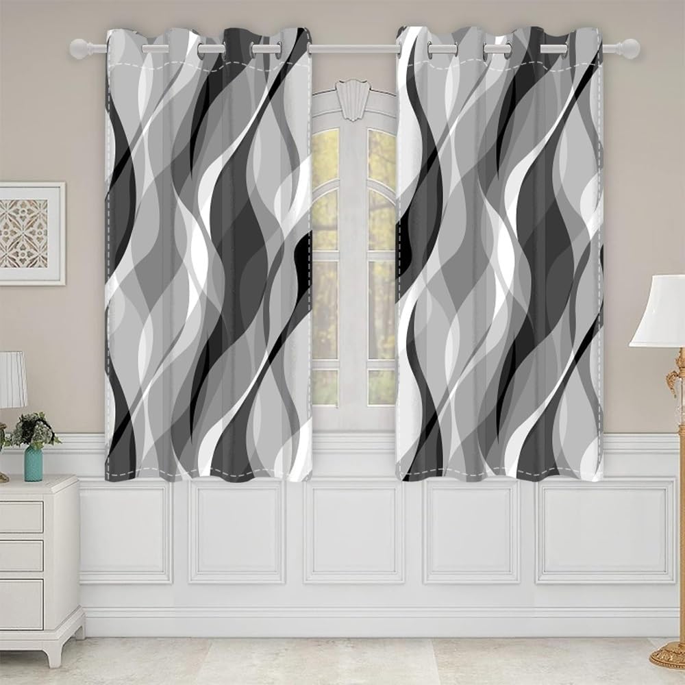 Modern Abstract Grey Striped Blackout Curtains Black and Grey Ombre Window Cu...