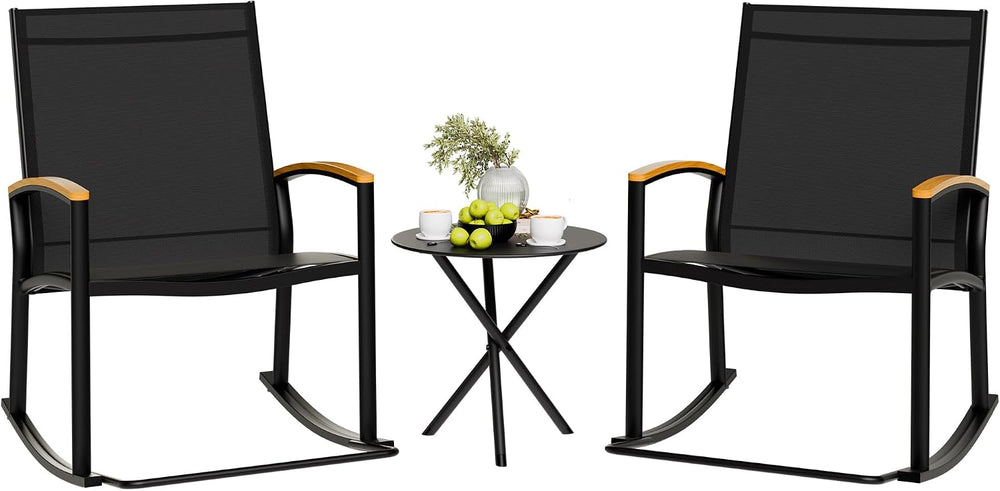 Shintenchi 3 Piece Outdoor Rocking Bistro Set, Textilene Fabric Small Patio F...