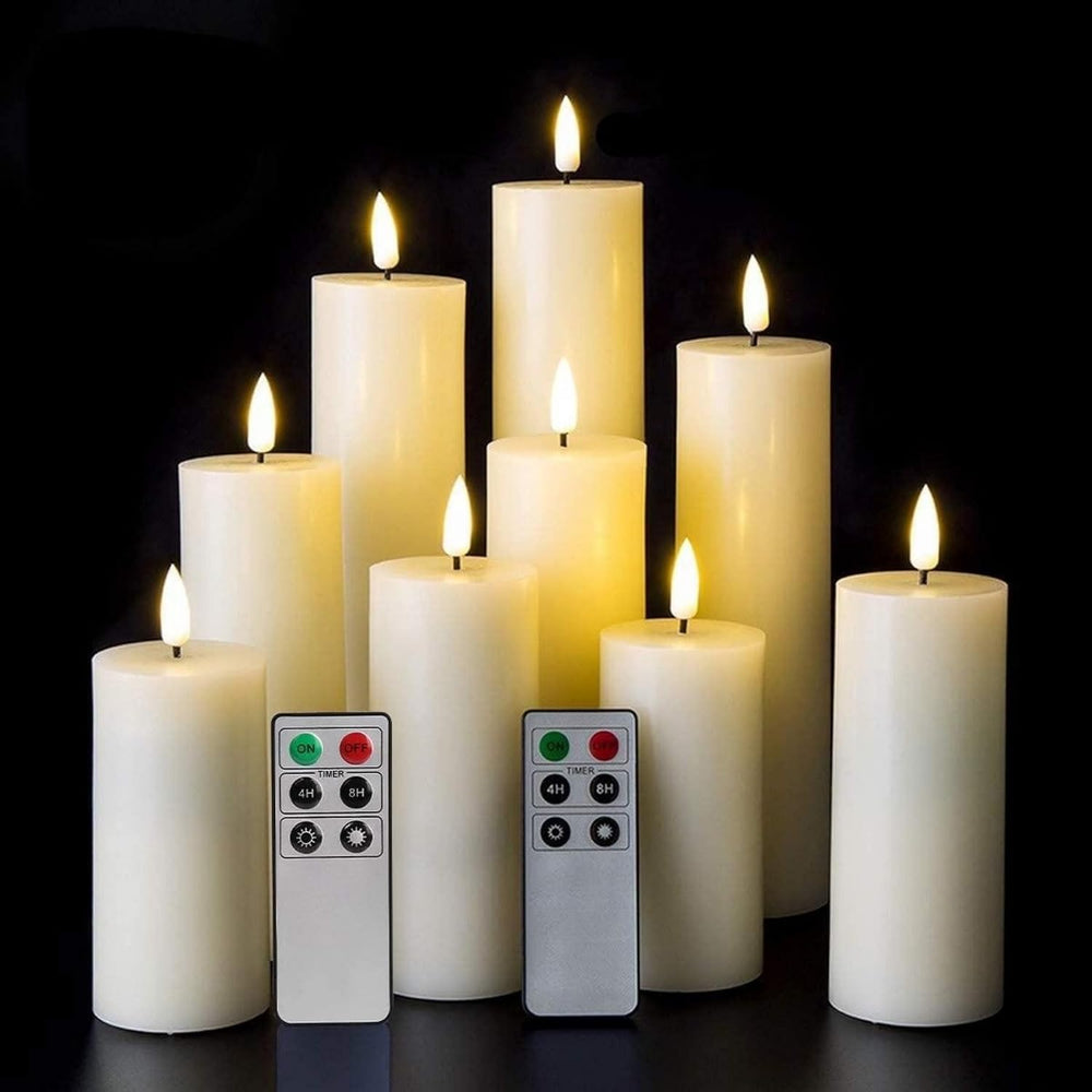Eywamage Ivory Tall Flameless LED Pillar Candles with Remote Set of 9