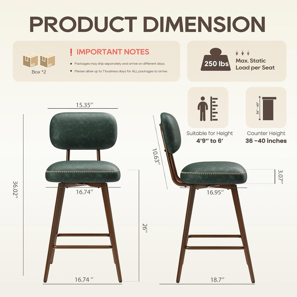MALOL 26“ PU Leather Swivel Bar Stools Set of 4, Mid Century Counter Height B...