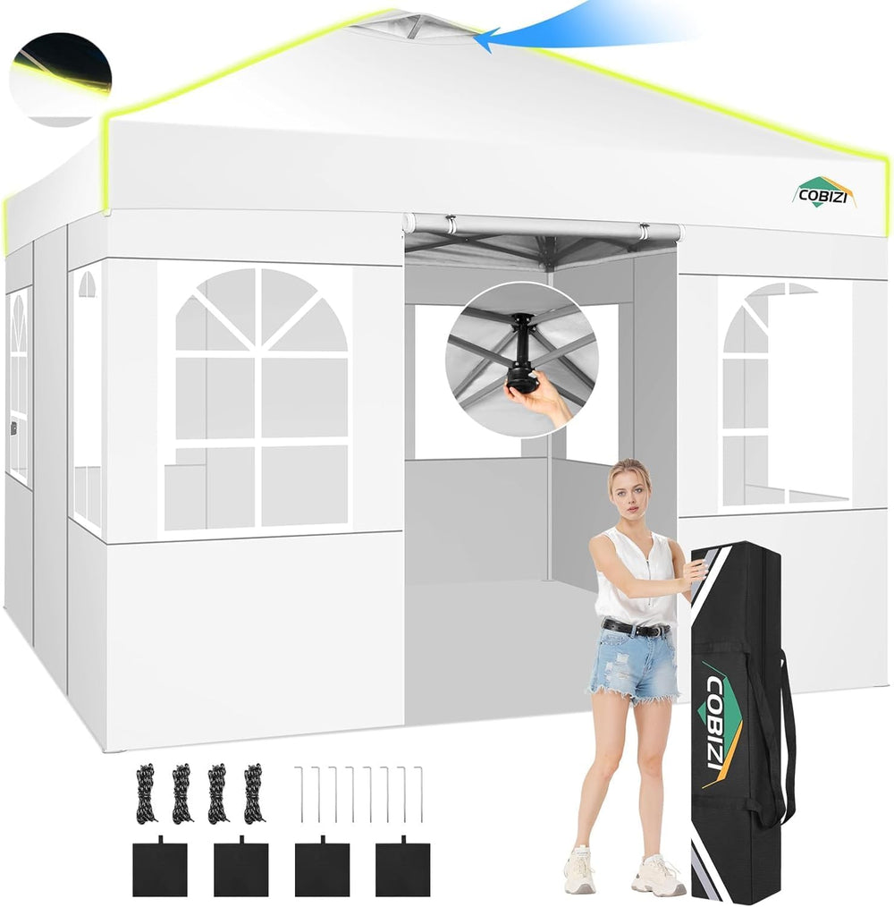 COBIZI 10x10 Pop Up Canopy - One Push Setup Tent, Glow Strips, 4 Sidewalls