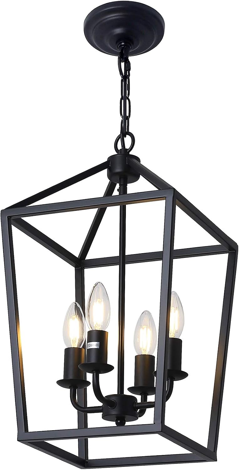 4-Light Black Farmhouse Chandelier Iron Lantern Pendant Light Rustic Cage Han...