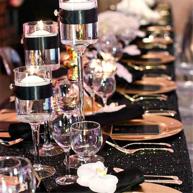 QueenDream Seamless Sequin Tablecloth 90x132 Inch Black Rectangular Tableclot...