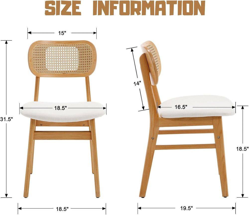 ROCITY Rattan Dining Chairs Set of 2 Beige Linen Fabric Dining Room Chairs Na...