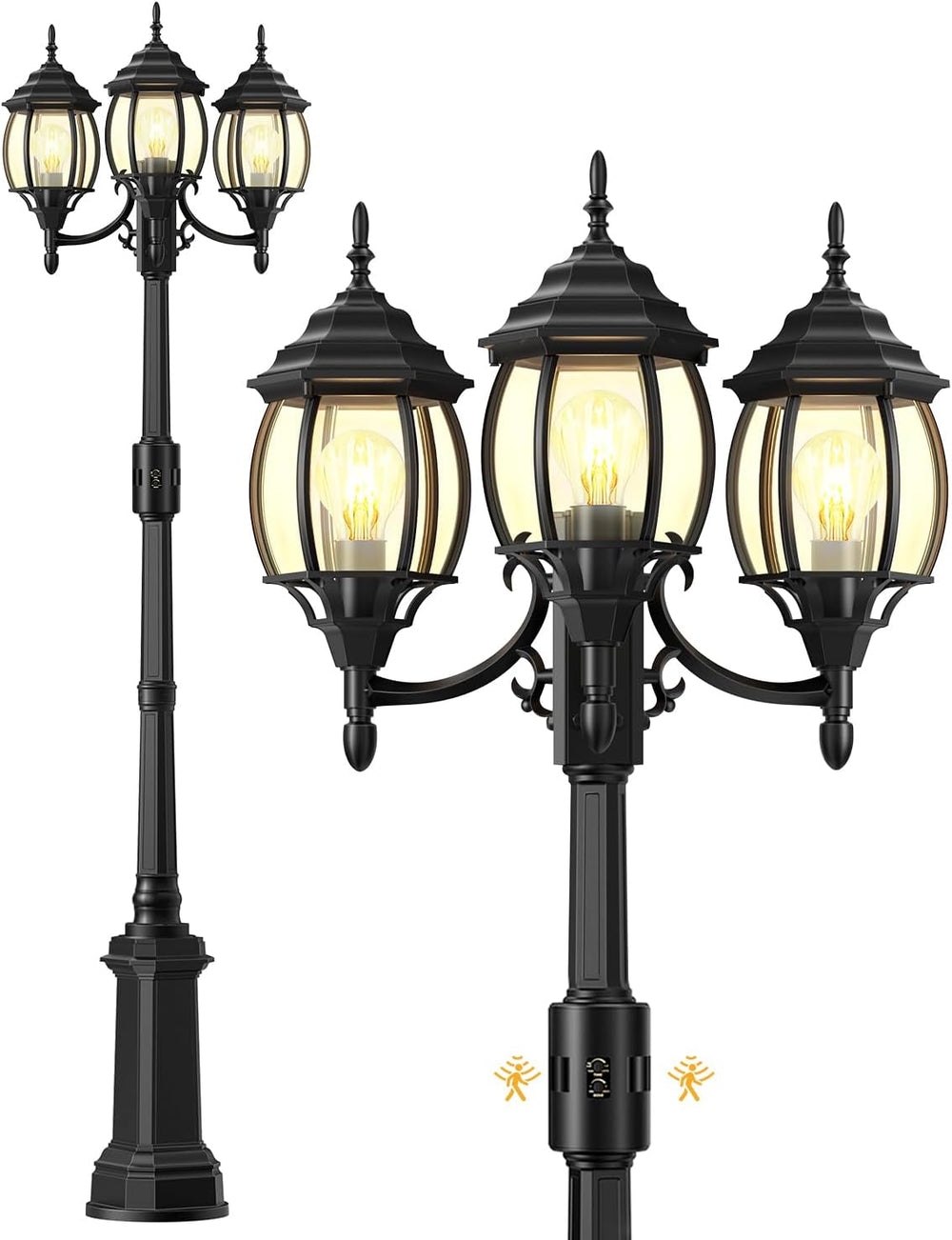 Redluck Motion Sensor Outdoor Post Lights, 3-Head Dusk to Dawn Lamp Post