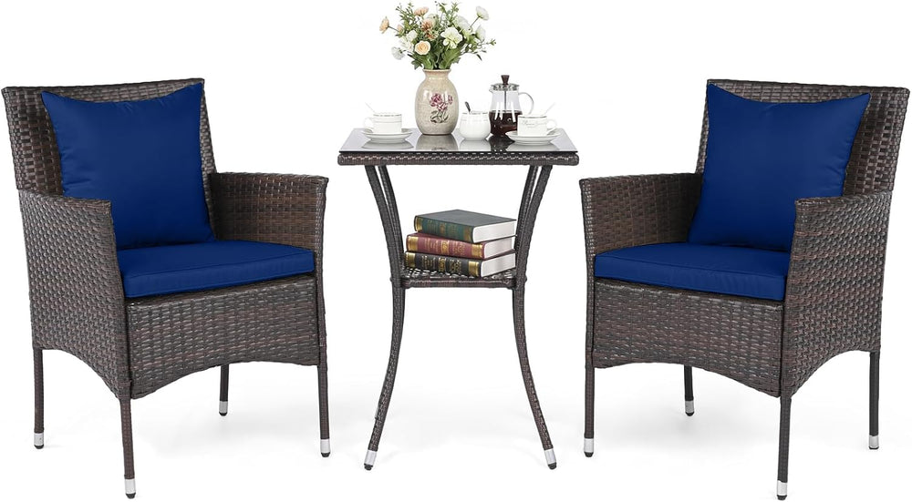 Tangkula 3 Pieces Patio Wicker Bistro Set, 2 Rattan Chairs w/ 2-Tier Tempered...