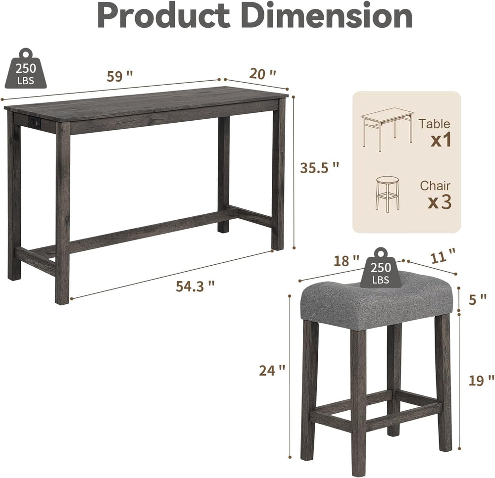 59" Counter Height Bar Table Set with Power Outlet, Industrial Breakfast...