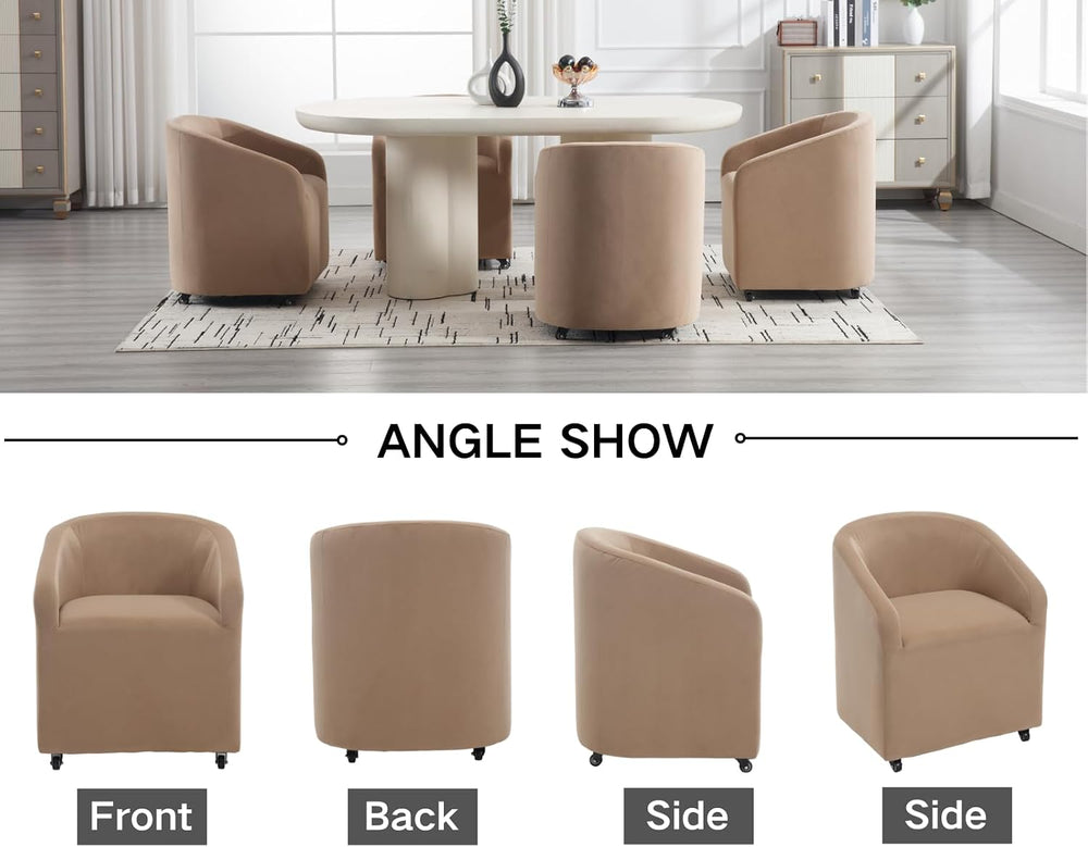 CIMOTA Velvet Khaki Barrel Dining Chairs with Wheels, Set of 4 — Modern Uphol...