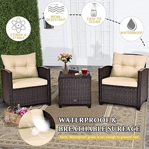 Tangkula 3 Pieces Patio Furniture Set, PE Rattan Wicker 3 Pcs Outdoor Sofa Se...