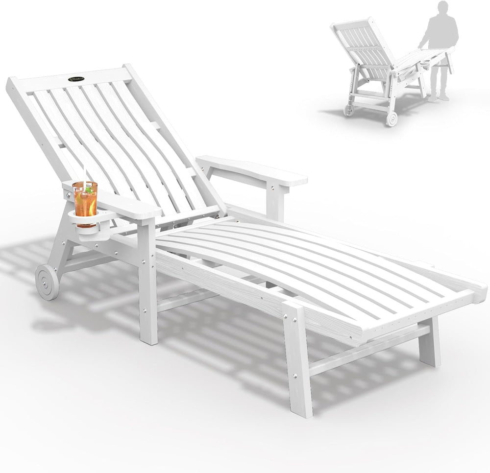 THOEOE Outdoor Chaise Lounge Chair, HDPE Pool Lounge Chair, White