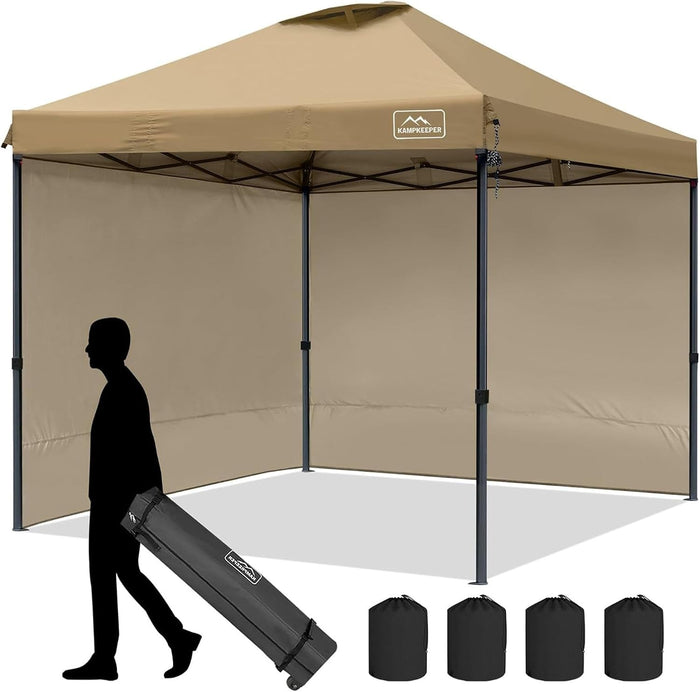 KAMPKEEPER Outdoor Pop-Up Canopy Tent with 2 Sidewalls, Khaki, 10 x 10 Ft