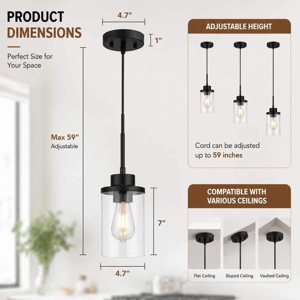 Black Farmhouse Pendant Light, Clear Glass Cylinder Hanging Fixture