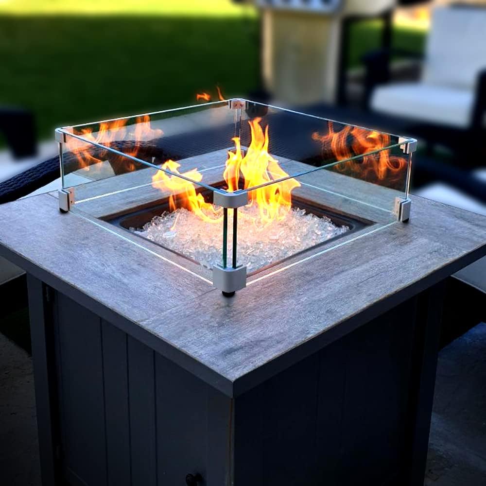 Holy Fire 23.5" L x 23.5" x 6" Square Fire Pit Glass Wind Guar...