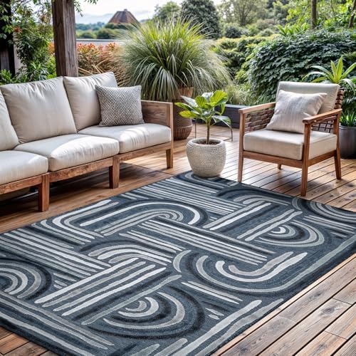 CAMILSON Indoor Outdoor Rug, Navy Blue 8x10 Geometric Arch Striped Area Rugs ...