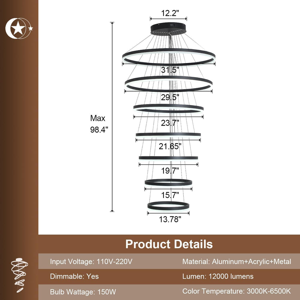 XGZL·LIGHTING 7-Rings Modern LED Chandelier Black D31.5’’ Contemporary High C...